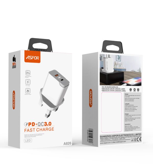Aspor A826 20W PD + QC Charger With Type C Cable